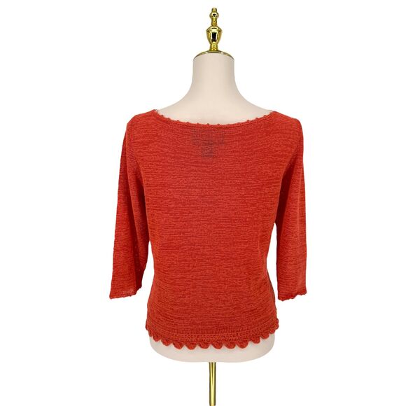 VTG Finity Studio Open Knit Top MEDIUM Orange Boat Neck Scalloped Hem 3/4 Sleeve - Picture 7 of 11